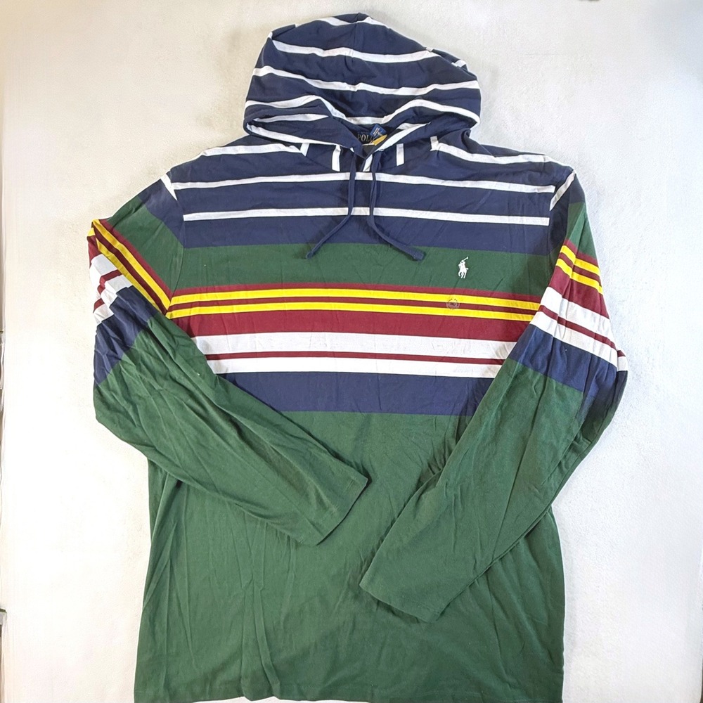 Polo Ralph Lauren Hooded T-Shirt Mens 2XLT Striped Long Sleeve Pine Colorful NEW - Picture 2 of 11